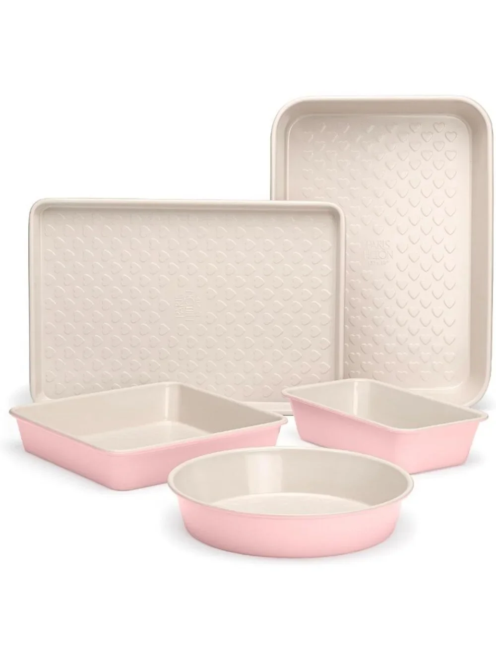 Nonstick Heart Pattern Bakeware Set - 5-Piece Heavy Duty Carbon Steel Pans, Pink